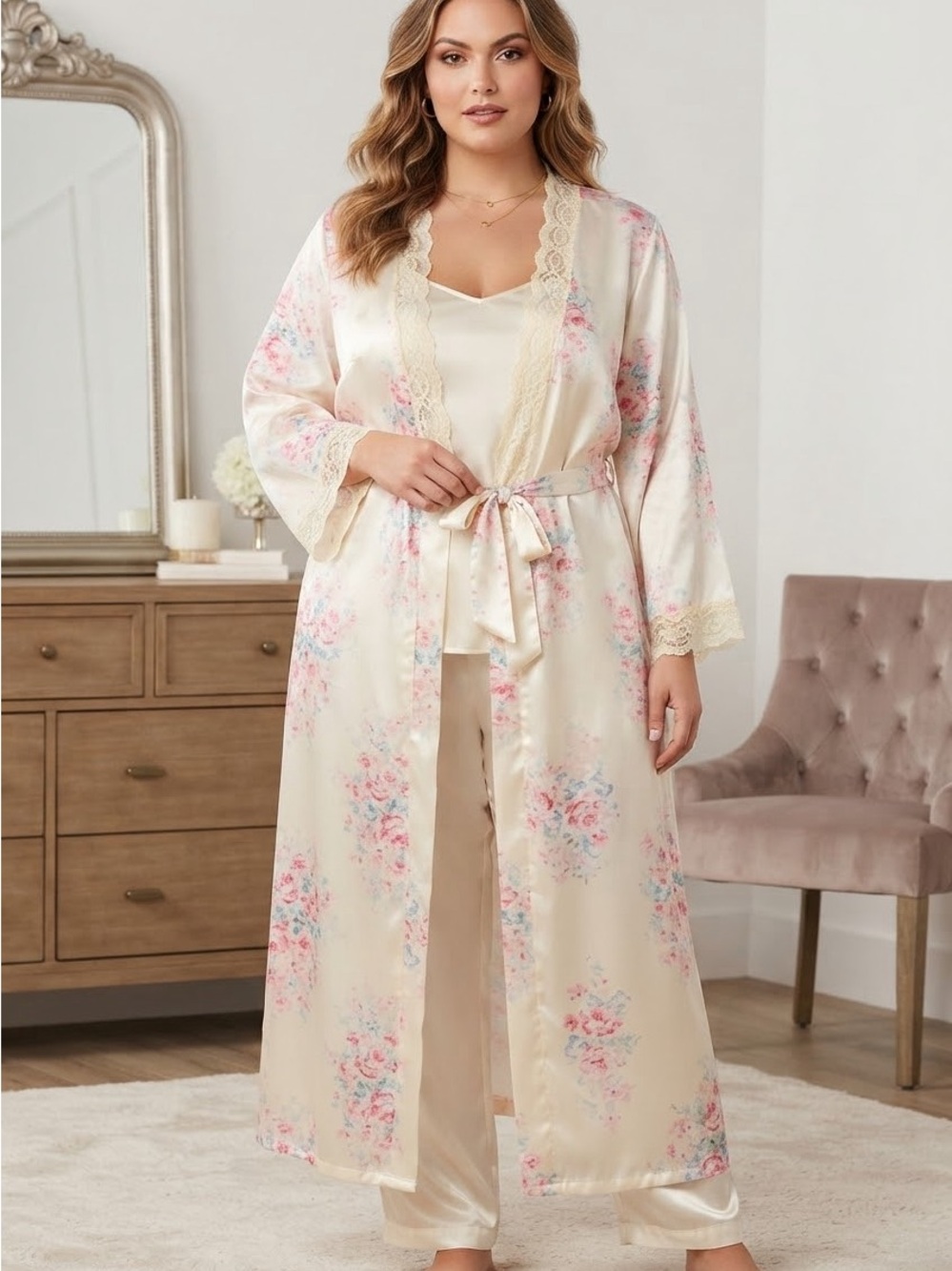 VTG Pink K Floral Women’s satin lace robe 2X